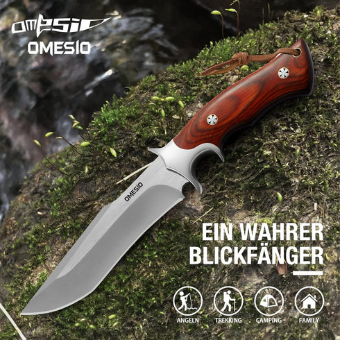 Omesio Fixed Blade Knife with Sheath, M390 Steel Survival Knife, Fulltang 60±1 HRC EDC Hunting Knives, Wood Handle