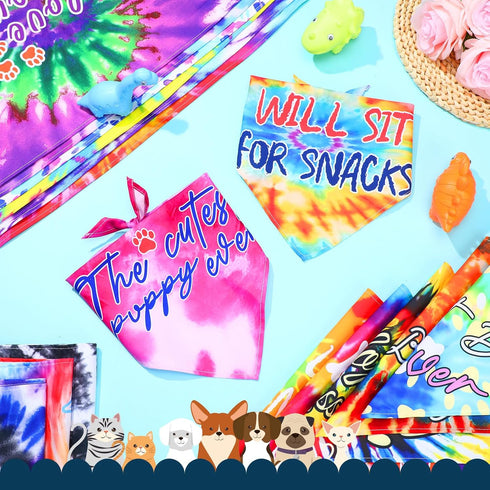 Huhumy 50 Summer Pcs Tie Dye Dog Bandanas Bulk Pet Bibs Colorful Triangle Scarf Tie Dye with Sayings Pet Bandanas