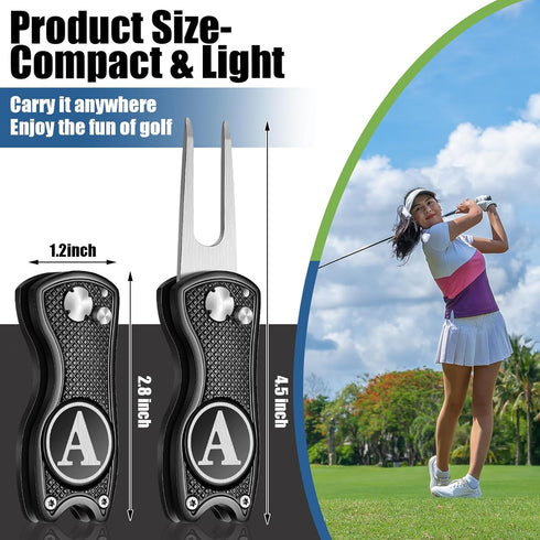 Golf Divot Repair Tool with Monogrammed Initial Golf Ball Marker, Foldable Metal Tool with Magnetic Putt