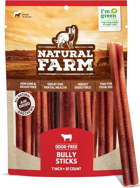 Natural Farm Odor Free Bully Sticks (7 Inch, 10 Pack) - 100% Beef Pizzle Chews for Small and Medium Dogs