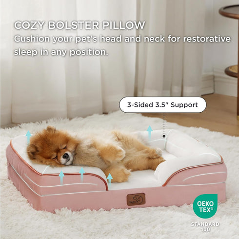 Bedsure Small Orthopedic Dog Bed, Washable Bolster Sofa Bed for Small Dogs, Supportive Foam, Pink, Waterproof Lining