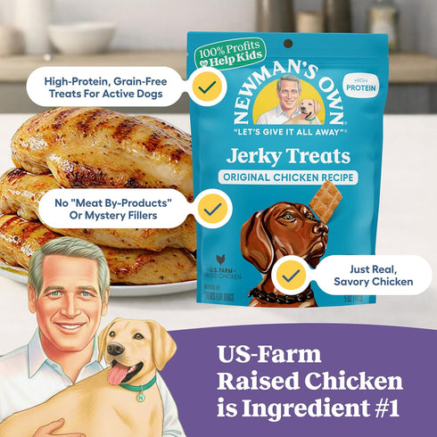 5 oz (Pack 6) Newman's Own Chicken Jerky Dog Treats, Bag of High Protein, Grain Free, US Farm-Raised Chicken as First