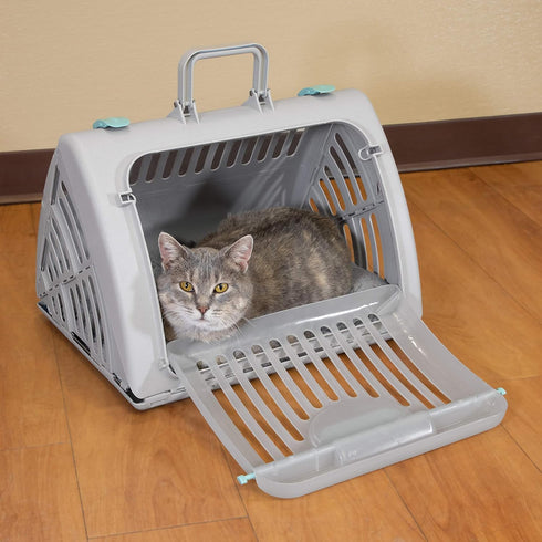 SportPet Designs Foldable Travel Cat Carrier with Waterproof Bed, Front Door Plastic Collapsible Carrier, Gray