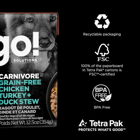 GO! SOLUTIONS Carnivore Protein Rich Wet Dog Food - Grain Free Chicken, Turkey and Duck Stew, 12.5 oz