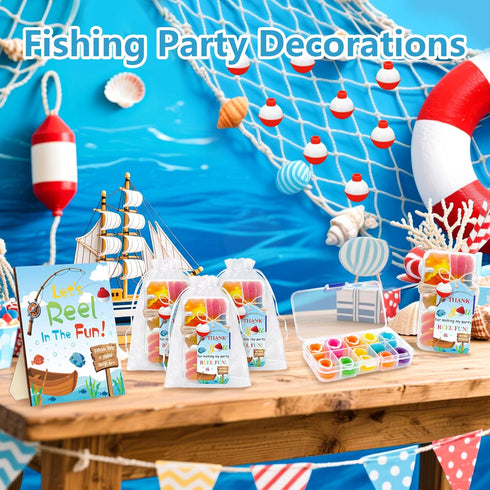 KBDHYY 24 Sets 24 24 24 (24) Fishing Party Favors Mini Candy Tackle Boxes with Red White Floaters Thank You Cards