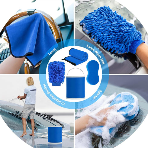 12Pcs Set AUTODECO Boat Wash Cleaning Kit with Collapsible Bucket Wash Sponge Mitt Microfiber Towel Squeegee Scrub Pads
