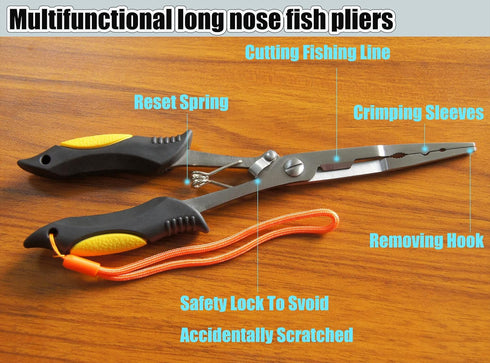 Long Nose Fishing Pliers, Stainless Steel Hook Remover Split Ring Pliers with Lanyard for Fishing