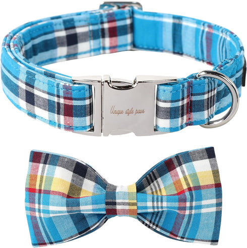 Unique Style Paws Plaid Dog Collar with Bow - Adjustable Soft and Comfy Bowtie Collars for Small Medium Large Dogs