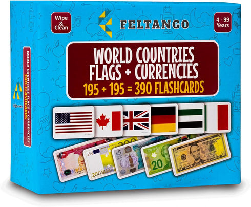 Country 195 195 390 Country World Flags Flash Cards for Kids, Currency Flash Cards, + = Educational Geography Games