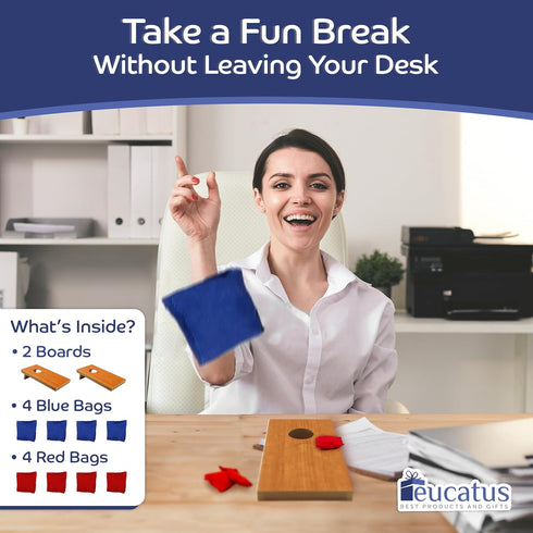 Set 2. 4 4 Super Fun, Portable Mini Desktop Cornhole of Coated Wood Boards with Red Blue Bags. Gift for Students