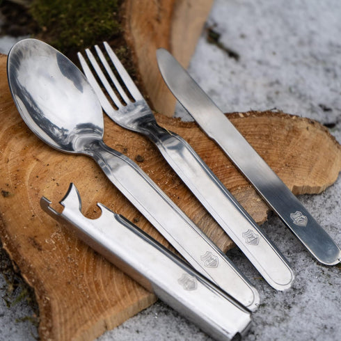 Original Hungarian Army Cutlery Set, 4 Pieces, Military Issue Spoon Fork Knife Kit Flatware Multi-Tool