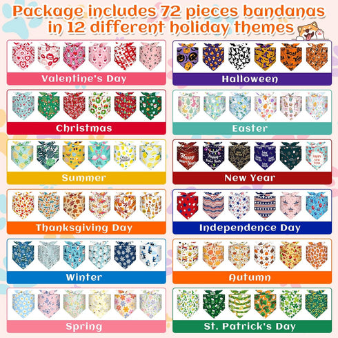 72 Packs Summer Reginary Holiday Dogs Bandanas Bulk Patriotic Halloween Thanksgiving Christmas New Year Birthday Scarf