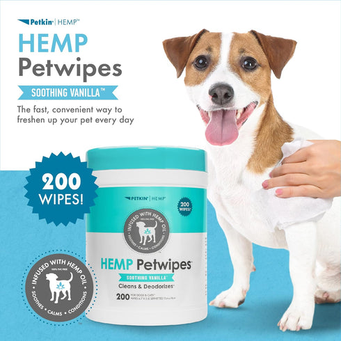 Petkin Hemp Pet Wipes for Dogs and Cats, 200 Count - Soothing Vanilla Scent, Conditions Face, Eyes, and Body