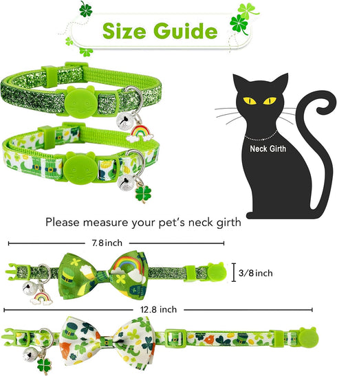 St. Patrick's Cat Collar with Bow Tie and Bell, Breakaway Lucky Irish Shamrock Collar for Male and Female Cats