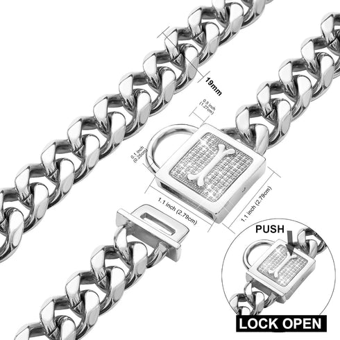 Dog Collar with Zirconia Locking 19MM Hand Polished Stainless Steel Metal Puppy Collar for Small Medium Dogs