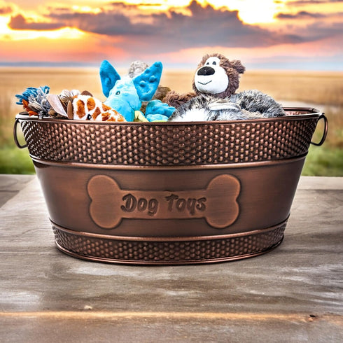 Indestructible Metal Dog Toy Bin, Copper Galvanized Storage Box with Handles, Dog Bone Design for Chew Toys, Blankets,