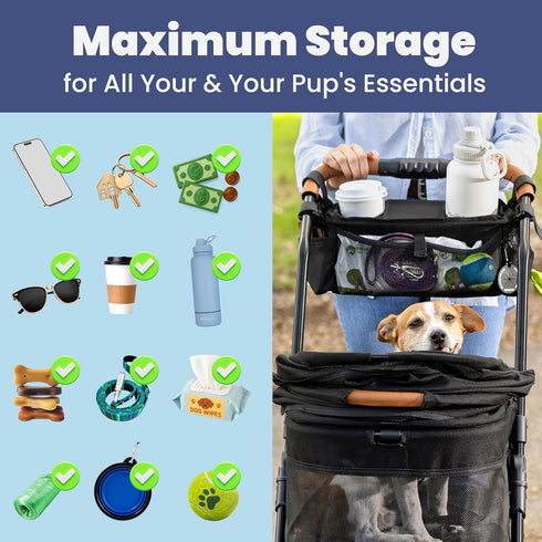 14"-19" rubyloo Dog Stroller Caddy Organizer with Poop Bag Dispenser, Treat Pocket, Water Bowl Dog Stroller Accessories