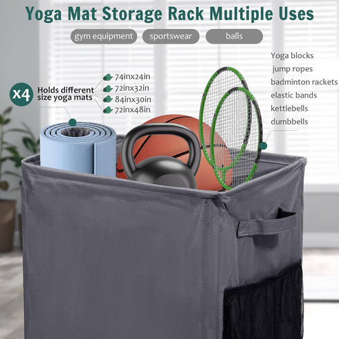 Yoga Mat Storage Racks with Wheels, Home Gym Holder, 2 Mesh Pockets, Holds 4 Mats, 2 Foam Rollers