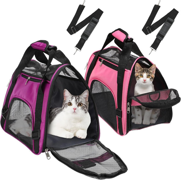2 Pcs Soft Sided Pet Carrier, Airline Approved for Cats and Small Dogs, Portable Travel Bags (Pink, Purple)