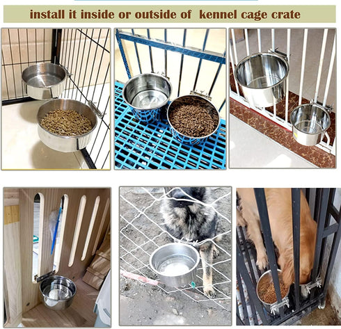 2 PCS Anti-Spill Stainless Steel Pet Bowls, Metal Feeder Food and Water Bowl, Hanging Pet Cage Crate Bowl for Medium