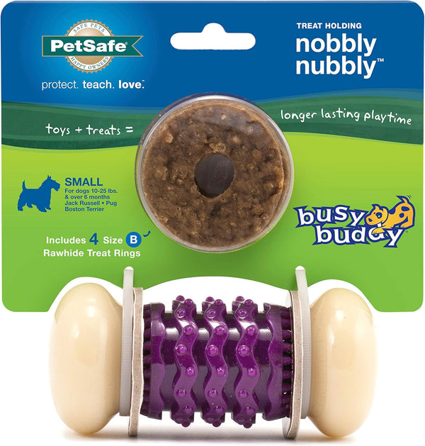 PetSafe Busy Buddy Nobbly Nubbly Treat Holding Dog Toy - Strong Chewers, Small, Multi Color, Treat Rings Included