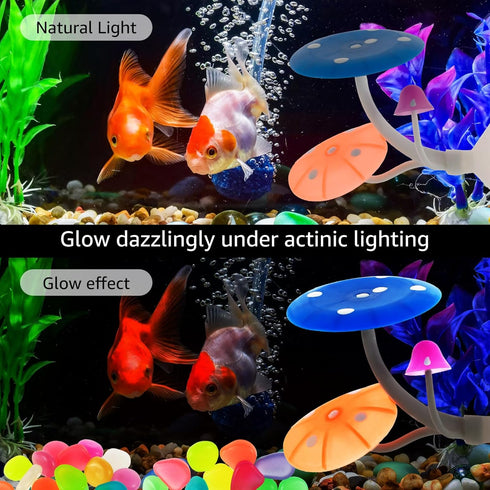 2Pcs Betta Fish Mushroom Hammock with 30 Luminous Stones, Soft Silicone Aquarium Rest Bed