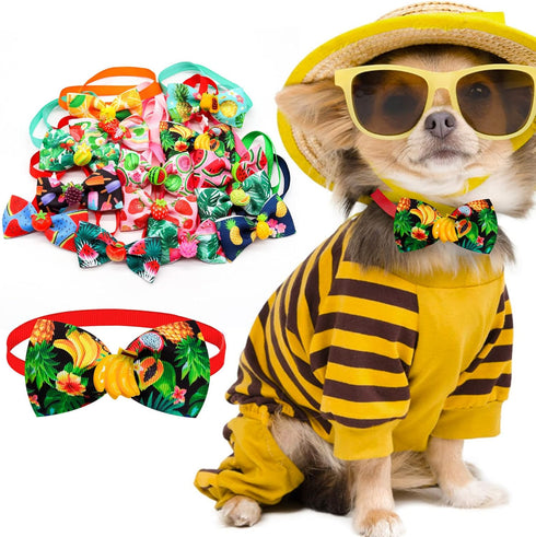 15pcs Summer Small Dog Collar with Bow Ties, Adjustable Hawaii Fruit Pattern Bow Ties for Dog Collar Accessories