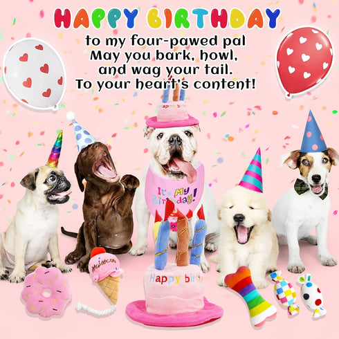 Dog Birthday Toys - Happy Birthday Gift for Dogs, Squeaky Plush Cake Hat Bandana for Small & Medium Dog Birthday Party
