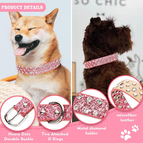 Rhinestone Leather Dog Collar Bling Dog Collars for Small Medium Large Dogs - Soft Microfiber Leather with Adjustable Stylish Sparkly Diamonds Studded Male and Female (1" Wide,Pink,L)