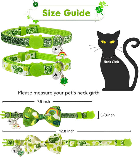 Pohshido 2 Pack St. Patrick's Cat Collar with Bow Tie and Bell, Breakaway Lucky Irish Shamrock Collar for Male and