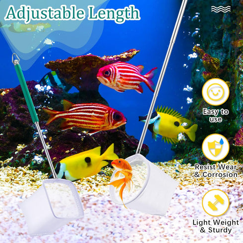 6 Pcs Aquarium Fish Net with Extendable Stainless Steel Handle, Adjustable Handle for Fish Tank, Circle and Square