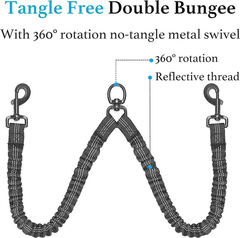iYoShop Dual Dog Leash, 360 Swivel No Tangle Walking Leash, Shock Absorbing Bungee for Two Dogs, Black, Medium