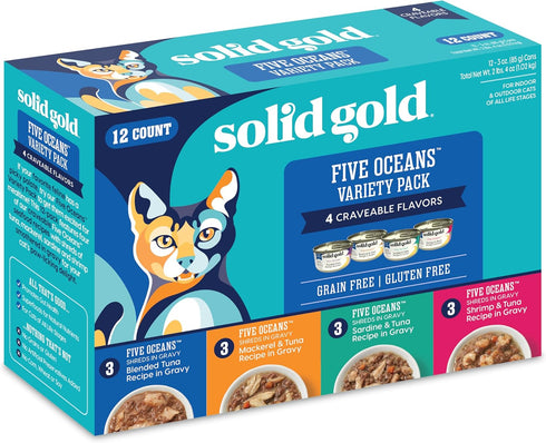 Solid Gold Wet Cat Food Shreds in Gravy, Canned Variety Pack with Real Tuna, 12ct/3oz Can