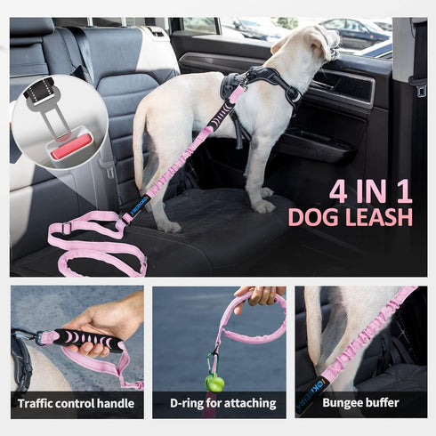 IOKHEIRA Dog Leash for Large Dogs - Adjustable Bungee Leash with Car Seatbelt, 4-6 FT for Medium Dogs, Pink