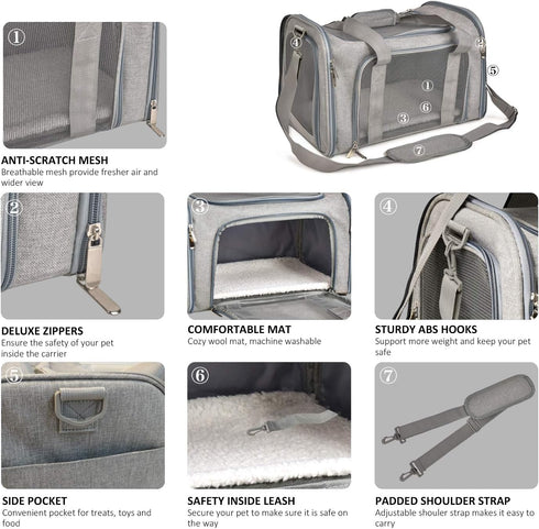 Henkelion Large Dog Cat Carrier: Soft Sided Carrier for Puppies up to 25Lbs, Collapsible Travel Carrier, Grey