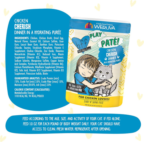 B.F.F. PLAY - Best Feline Friend Paté Lovers, Aw Yeah!, Chicken Cherish with Chicken, 3oz Pouch (Pack of 12)