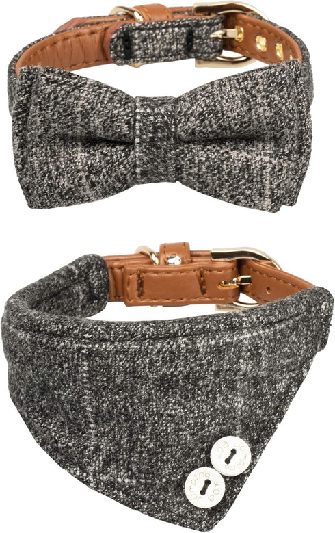 Small Dog Collar & Bandana Set for Puppy Cat, 2pcs PU Leather Canvas Scarf, Durable Grey Classic