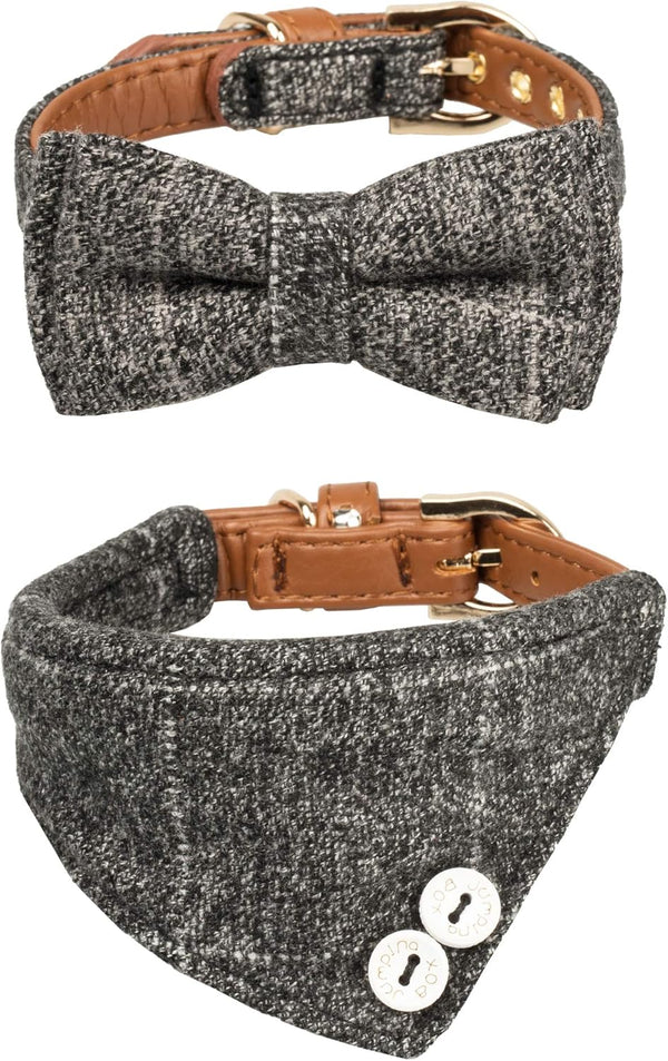 Small Dog Collar & Bandana Set for Puppy Cat, 2pcs PU Leather Canvas Scarf, Durable Grey Classic