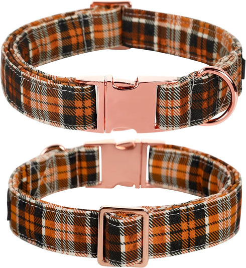Lionet Paws Boy Dog Collar, Comfortable Adjustable Cute Orange Black Grid Collar for Male Dogs, Neck 10-16 inches