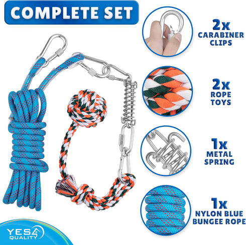 Dog Outdoor Bungee Hanging Toy - Blue Interactive Tree Tug Toy with Metal Spring Kit & 2 Rope Toys