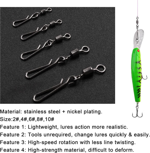 Fishing Clips Kit, 60/200pcs Quick Snaps, Barrel Snap Swivel, Rolling Swivel, Safety Snap for Freshwater Saltwater