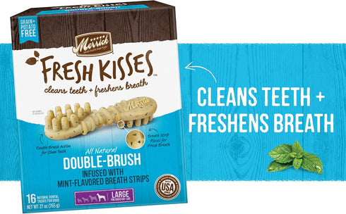 Merrick Fresh Kisses Natural Dental Chews, Toothbrush Shape Treat for Large Dogs, Infused With Real Mint, 16 ct. Box.