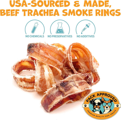 Pack (10 oz) Approved Beef Trachea for Dogs Smoke Rings - Natural Dog Chews Rawhide Free - Rich in Glucosamine