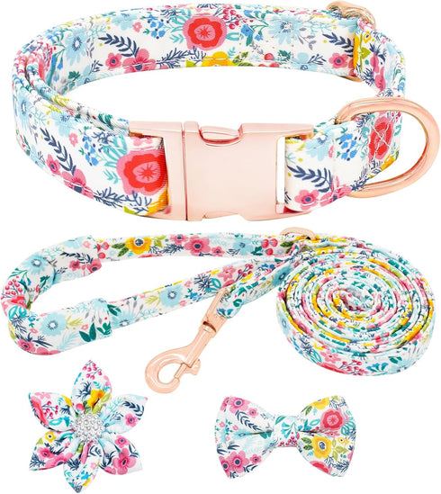 Dog Collar and Leash Set for Girls, Adjustable Puppy Collars with Floral Bow Tie for Small Medium Large Female Dogs,