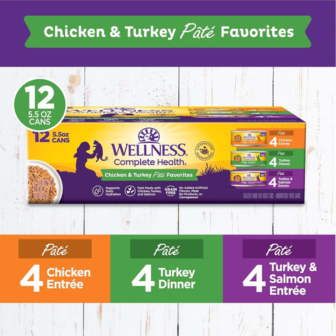 Wellness Complete Health Chicken & Turkey Pate Favorites Variety Pack, 5.5 Oz Can (Pack of 12)