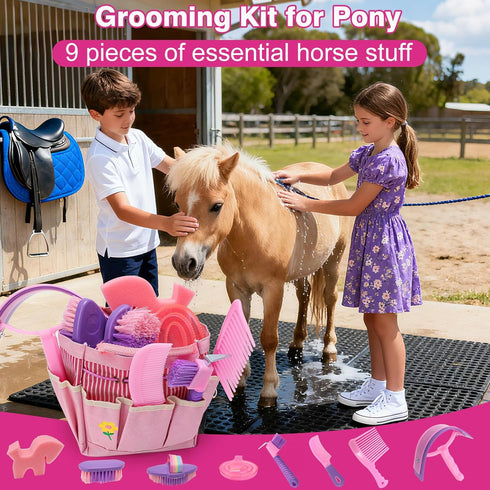 9Pcs Set Horse Grooming Brush Kit, Horse-Brush with Organizer Tote Bag, Shower Brushes, Braiding Comb, Sweat Scraper