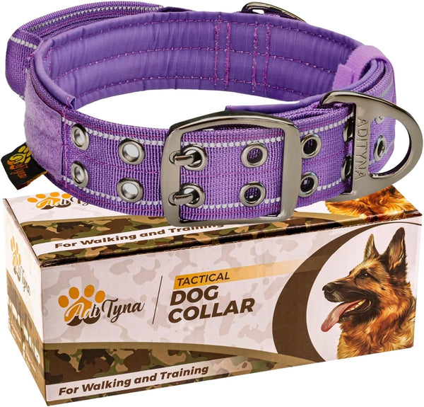 Heavy-Duty Dog Collar with Handle by ADITYNA, Reflective Purple for Large Dogs, Wide, Thick, Tactical, Soft Padded
