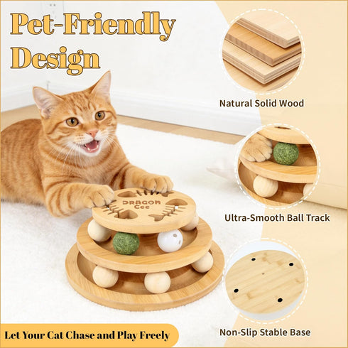 DRAGONCEE Cat Ball Track Toy with Puzzle Top, Interactive Cat Toys for Indoor Cats with Spinning Balls, Wooden Cat Ball
