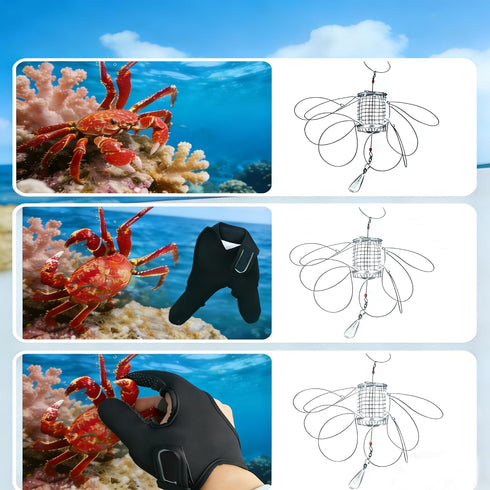 LSYZFPSTARS 3 Pack 8-Loop Stainless Steel Crab Trap - Cylindrical Crab Snare with Glove & Lead Sinkers, Suitable