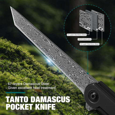 Slim Damascus Pocket Knife for Men/Women, Tanto Knife Gentleman's Pocket Knives Small EDC Knife, Handmade 67 Layers VG10 core Damascus Blade, as Gift and Tool by DRACHENADER